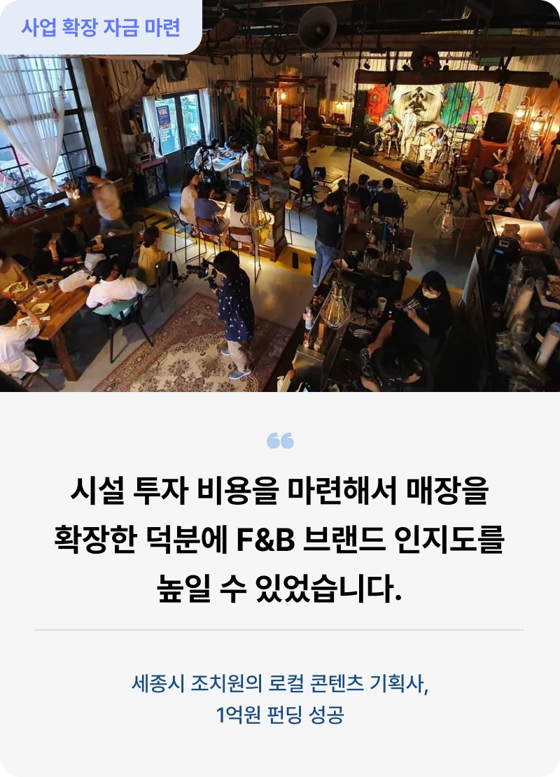 시설 투자 비용으로 매장을 확장하고 F&B 브랜드 인지도를 높인 세종시 조치원 로컬 콘텐츠 기획사 1억원 펀딩 성공 사례